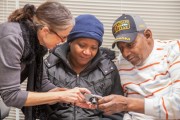 VA Nurse Susan Quaglietti (left) and workshop students Elia Barcliff and John Wilson. Photograph by Mark Pinto.